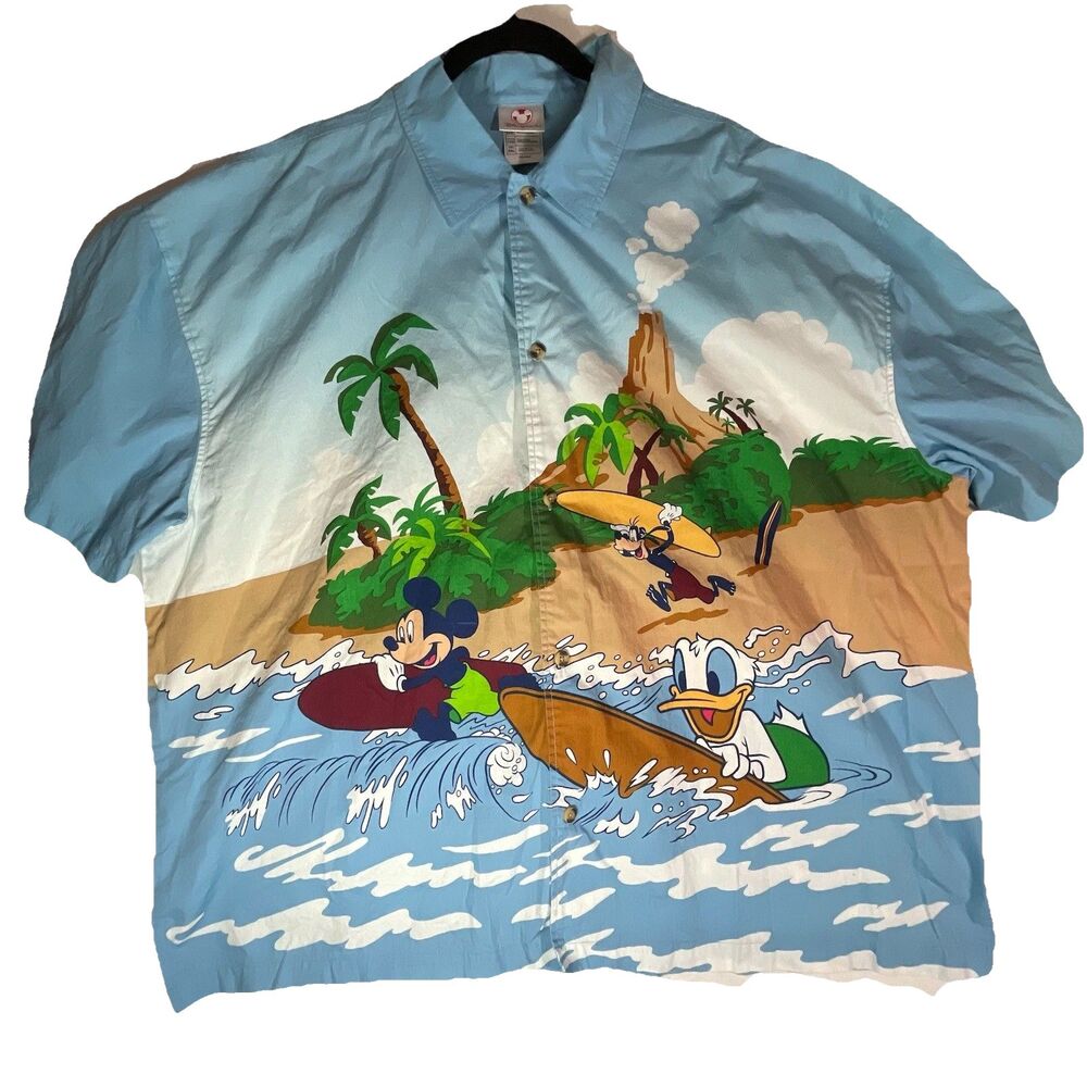Disney Store 2XL Hawaiian Shirt Mickey Goofy Donald Surfing Aloha Shirt